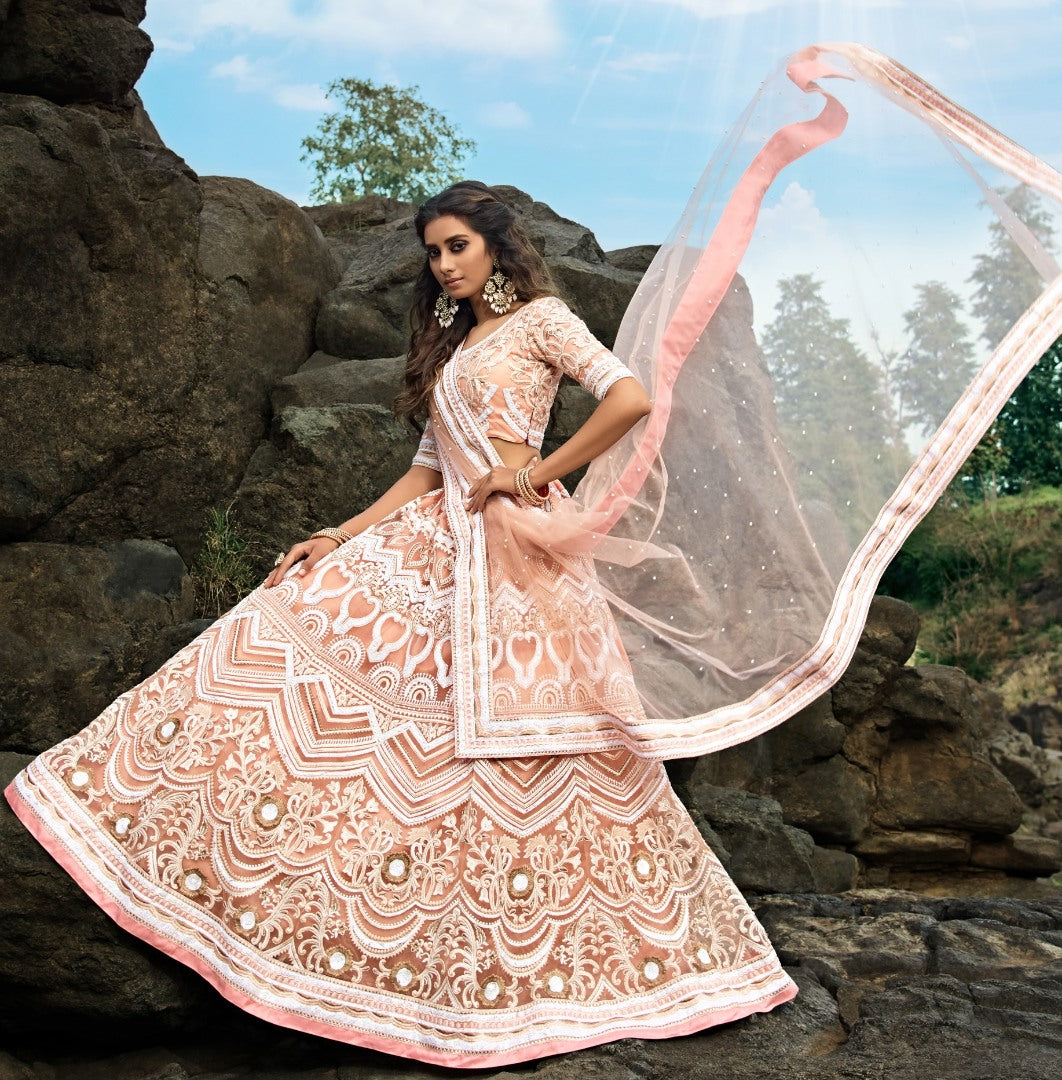 Peach soft net sequence and thread work bridal lehenga choli