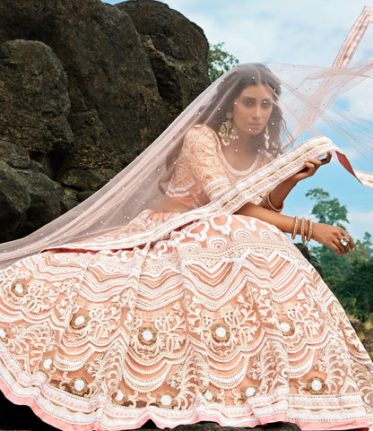 Peach soft net sequence and thread work bridal lehenga choli