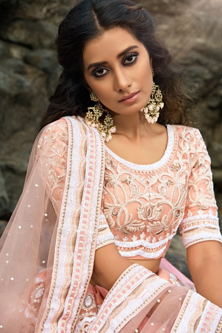 Peach soft net sequence and thread work bridal lehenga choli