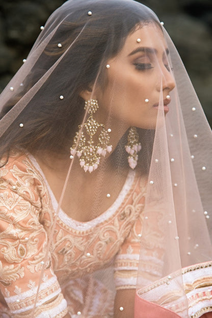 Peach soft net sequence and thread work bridal lehenga choli