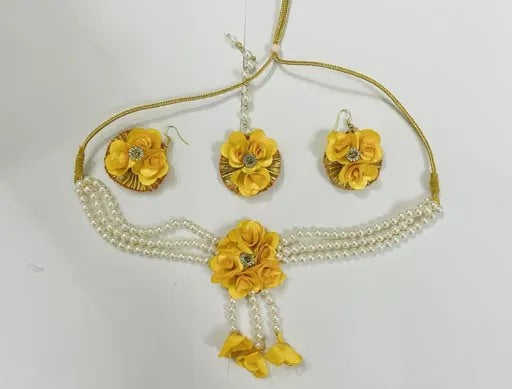 Pearl Flower Jewellery Set for Women & Girls (Mehandi/Haldi/Bridal/Baby Shower/Marriage/Wedding)