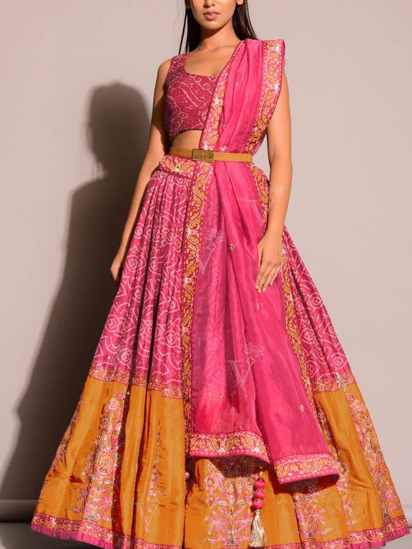 Pink and orange print thread sequence embroidered designer wedding lehenga choli