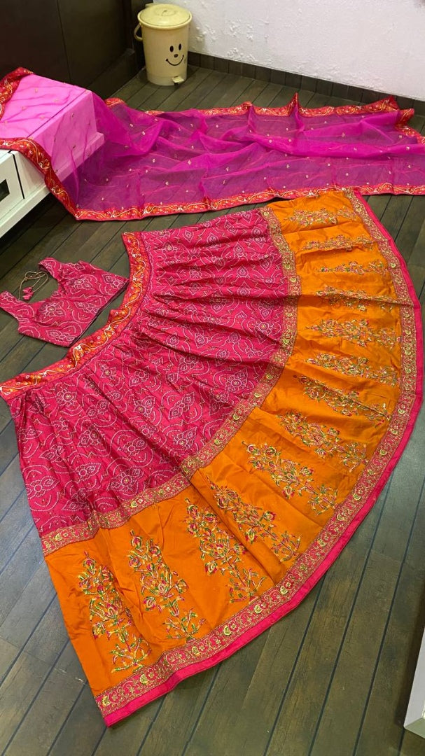 Pink and orange print thread sequence embroidered designer wedding lehenga choli