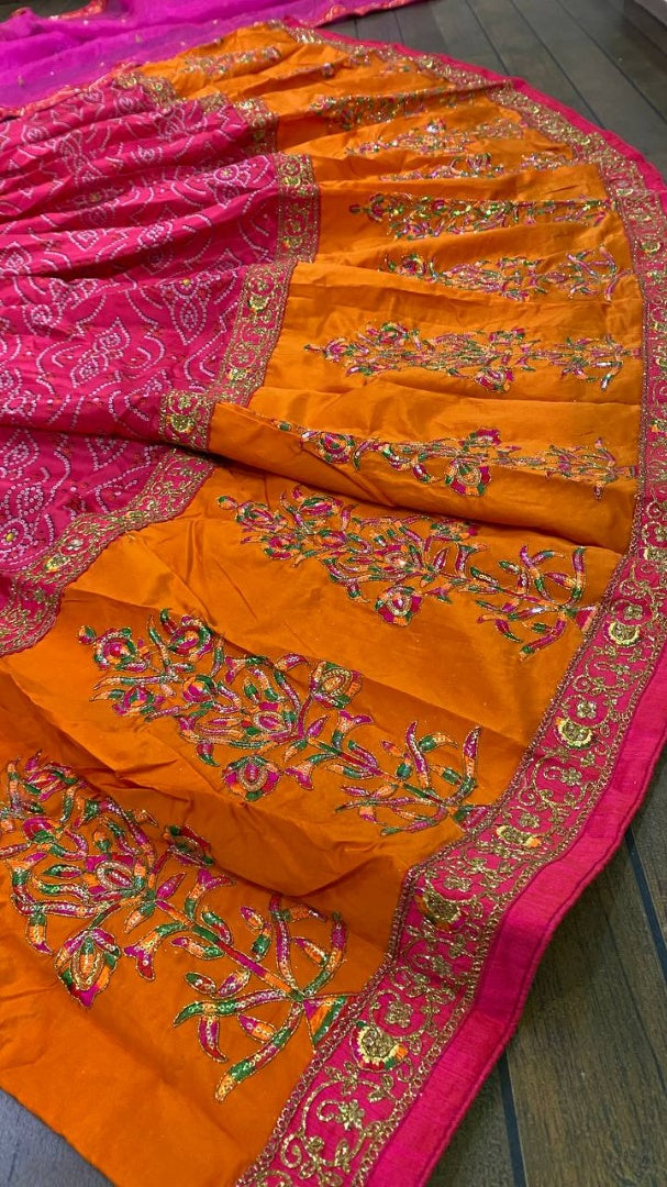 Pink and orange print thread sequence embroidered designer wedding lehenga choli