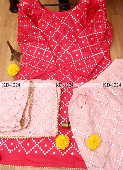Pink and peach cotton paper mirror work plazzo suit