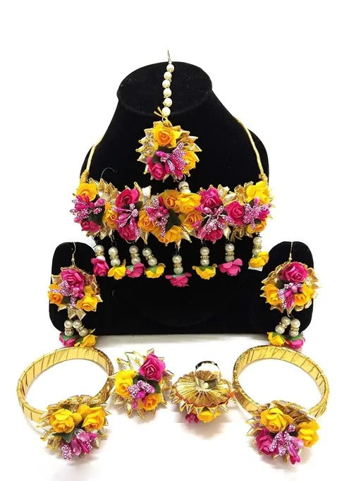 Pink and Yellow Flower Jewellery Set for Women & Girls (Mehandi/Haldi/Bridal/Baby Shower/Marriage/Wedding)