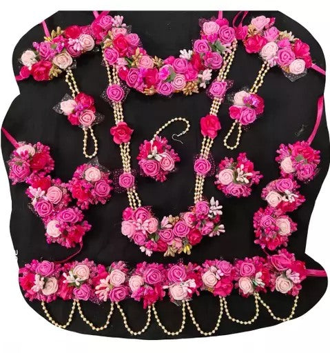 Pink artificial flower and pearls jewellery set for baby shower haldi mehendi