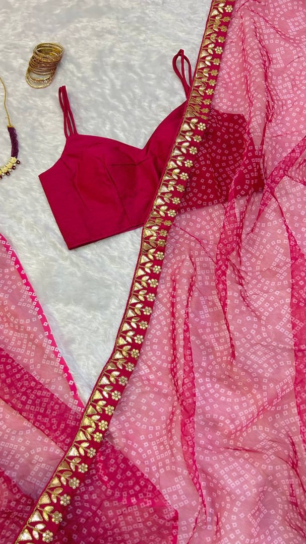 Pink bandhni print organza saree