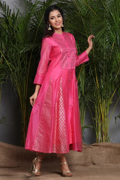 Pink chanderi silk embroidered anarkali kurti