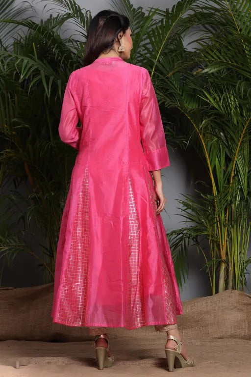 Pink chanderi silk embroidered anarkali kurti