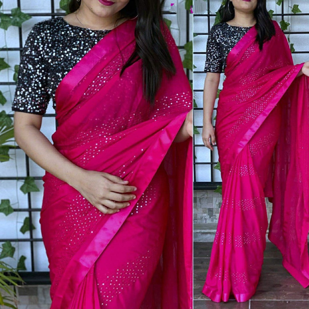 Pink chinon silk sequence and thread work party wear saree