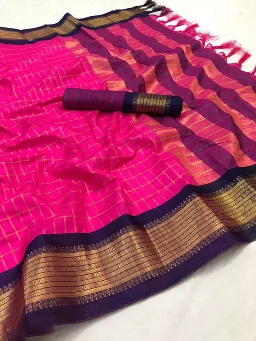 Pink cotton jacquard border saree