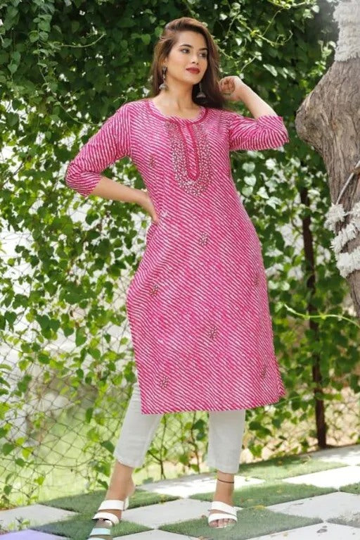 Pink cotton lehariya printed straight kurti