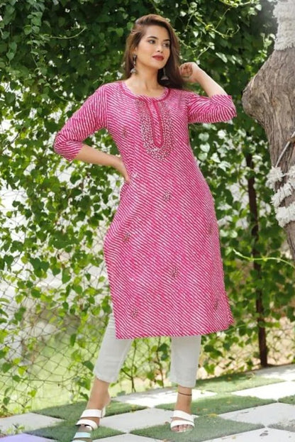 Pink cotton lehariya printed straight kurti