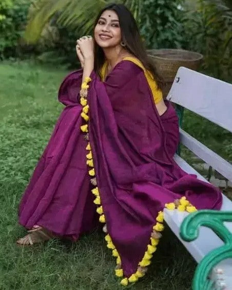 Pink cotton plain saree