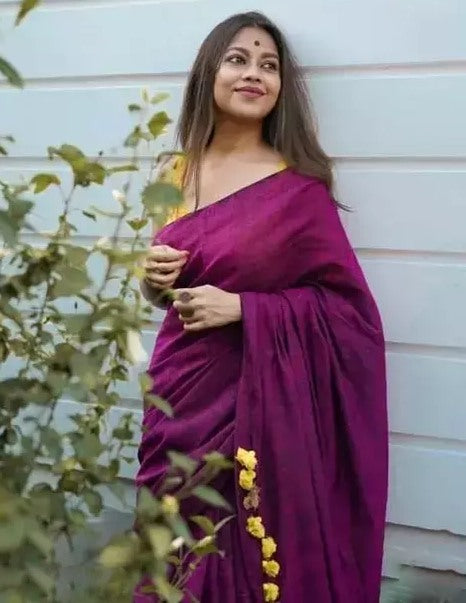 Pink cotton plain saree