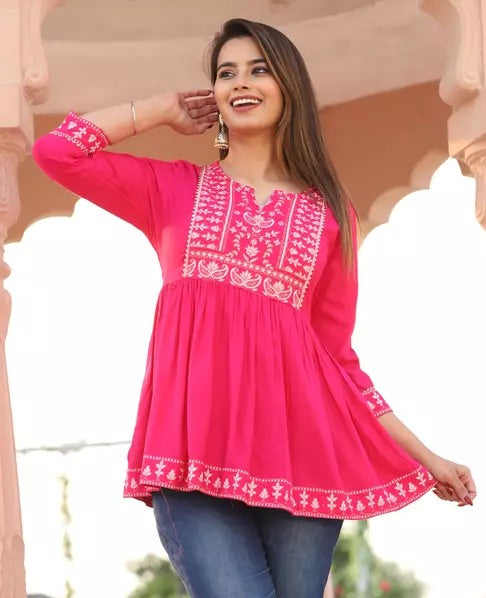 Pink cotton printed short kurti