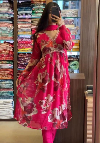 Pink floral print and handwork alia cut suit