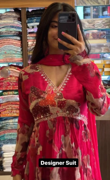 Pink floral print and handwork alia cut suit