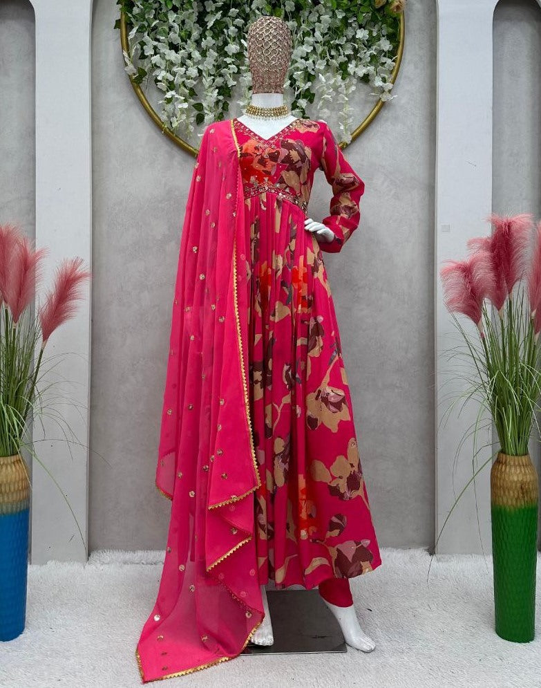 Pink floral print and handwork alia cut suit