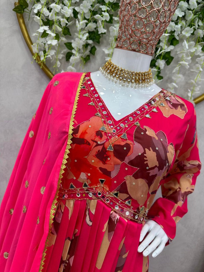 Pink floral print and handwork alia cut suit