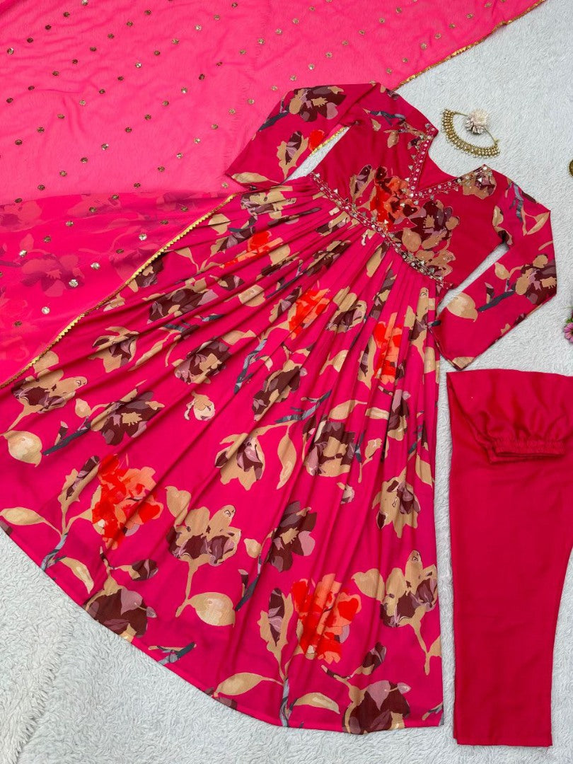 Pink floral print and handwork alia cut suit