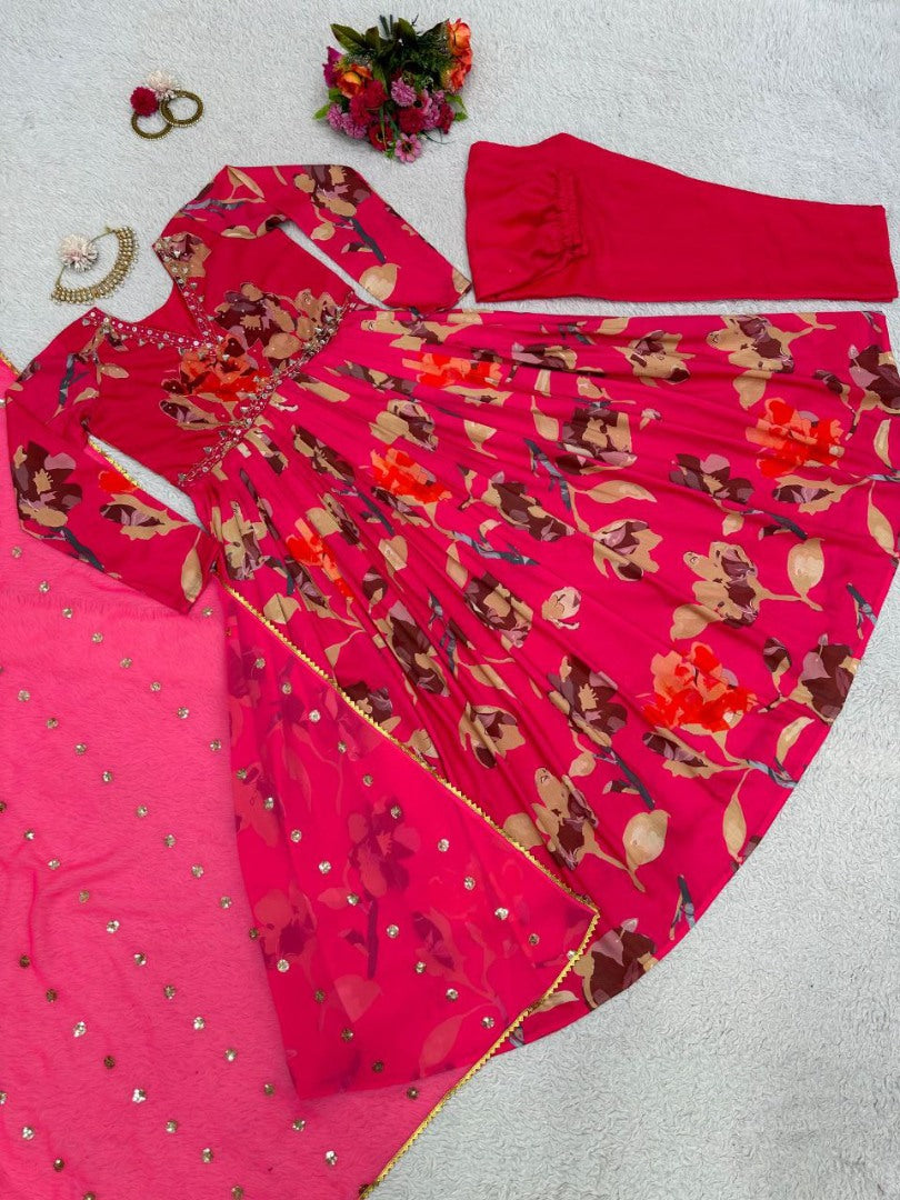 Pink floral print and handwork alia cut suit