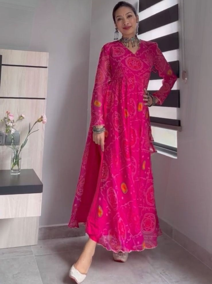 Pink georgette bandhni print stylist gown