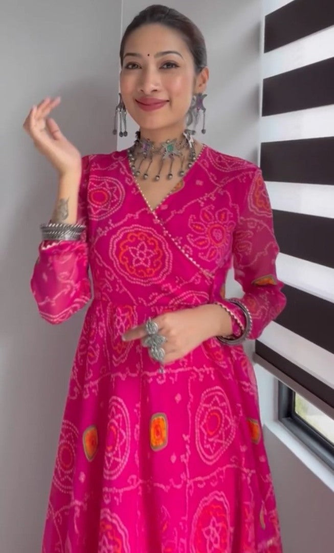 Pink georgette bandhni print stylist gown