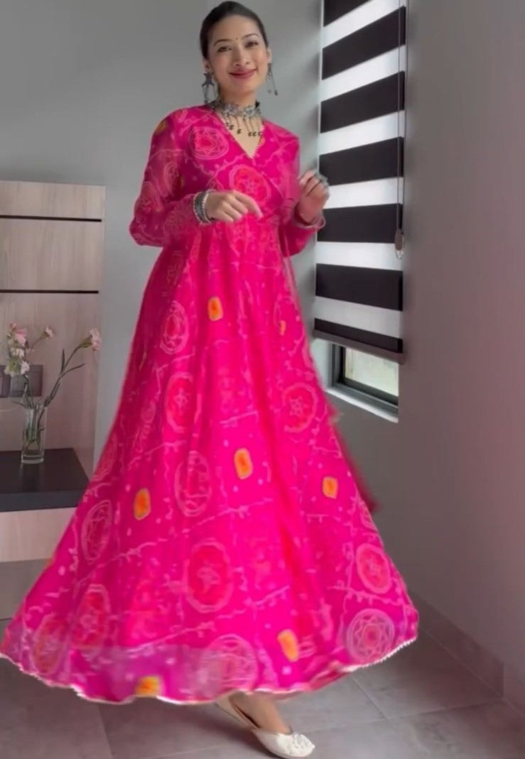 Pink georgette bandhni print stylist gown