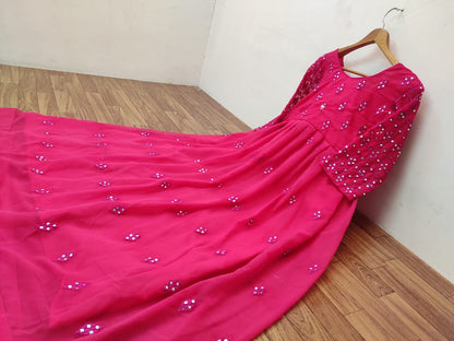 Pink georgette embroidered and mirror work gown