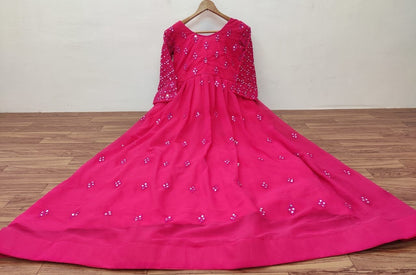 Pink georgette embroidered and mirror work gown
