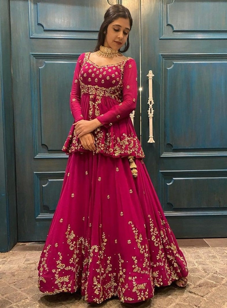 Pink georgette heavy embroidered wedding lehenga with long choli