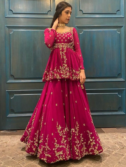 Pink georgette heavy embroidered wedding lehenga with long choli