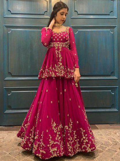 Pink georgette heavy embroidered wedding lehenga with long choli