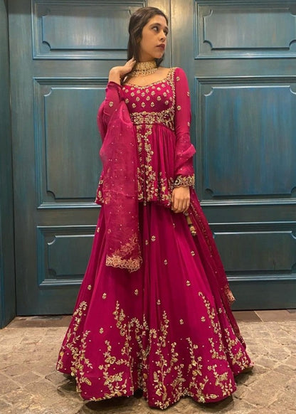 Pink georgette heavy embroidered wedding lehenga with long choli