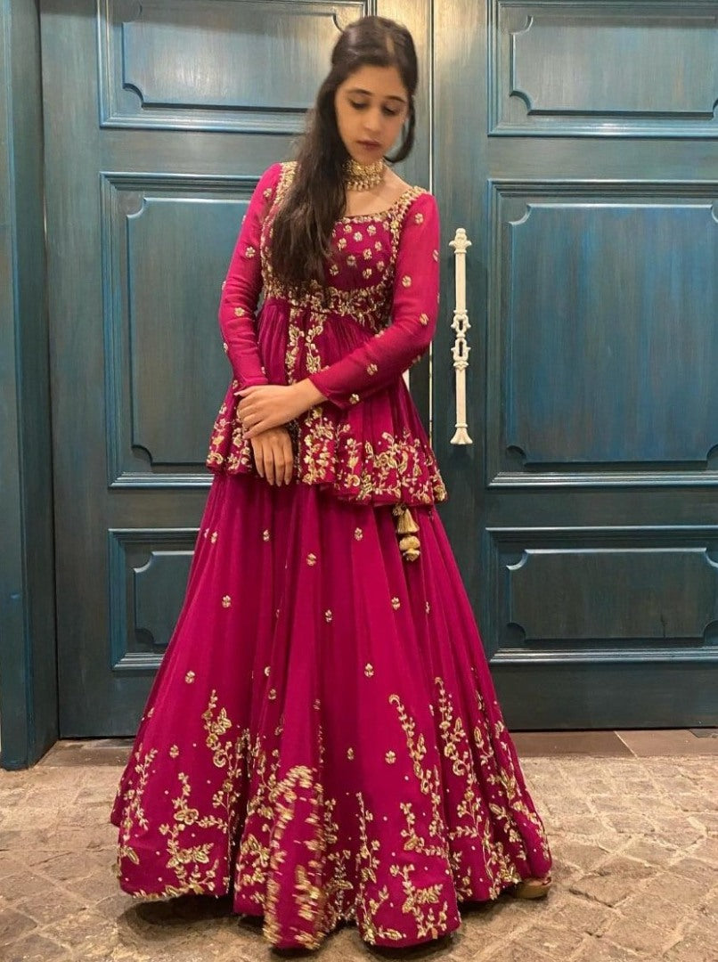 Pink georgette heavy embroidered wedding lehenga with long choli