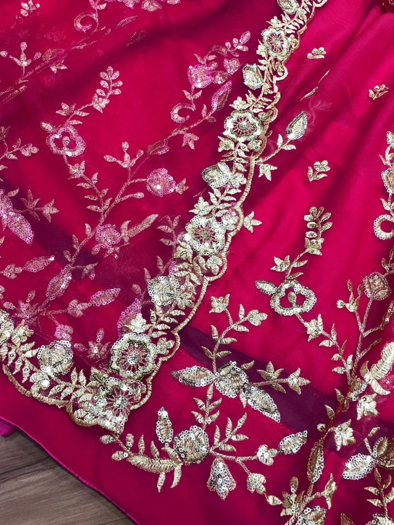 Pink georgette heavy embroidered wedding lehenga with long choli