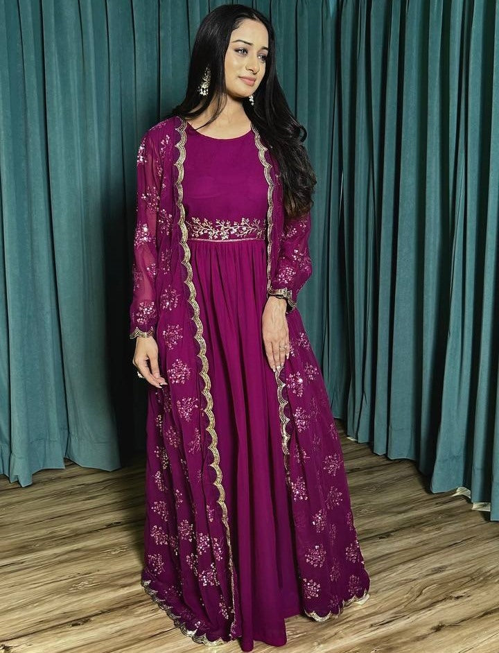 Pink georgette indowestern ceremonial gown with koti