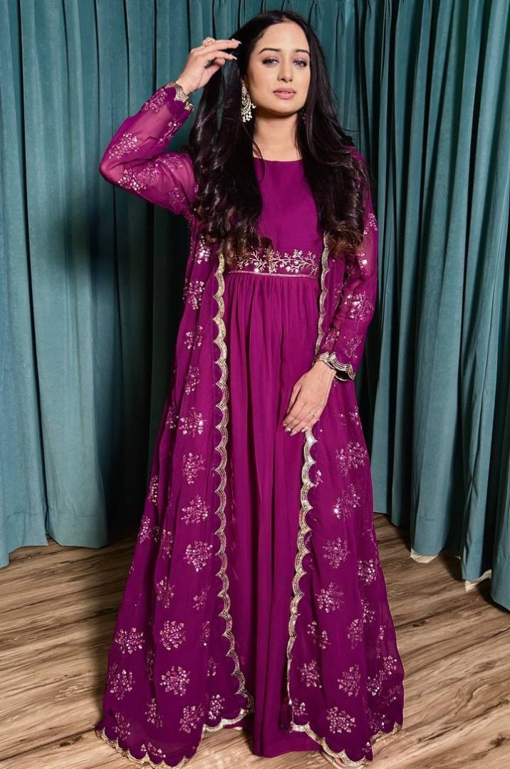 Pink georgette indowestern ceremonial gown with koti