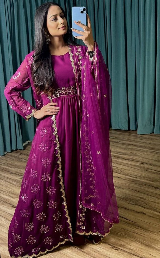 Pink georgette indowestern ceremonial gown with koti