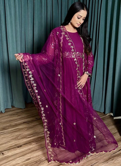 Pink georgette indowestern ceremonial gown with koti