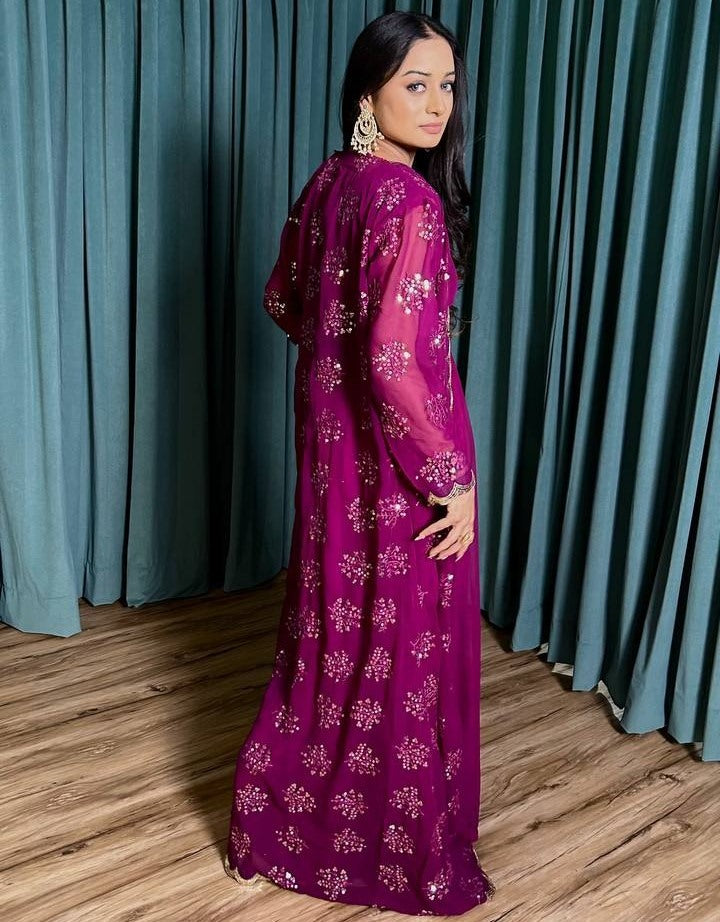 Pink georgette indowestern ceremonial gown with koti