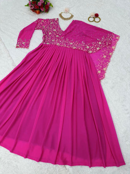 Pink georgette thread sequence and pearl work ceremonial gown