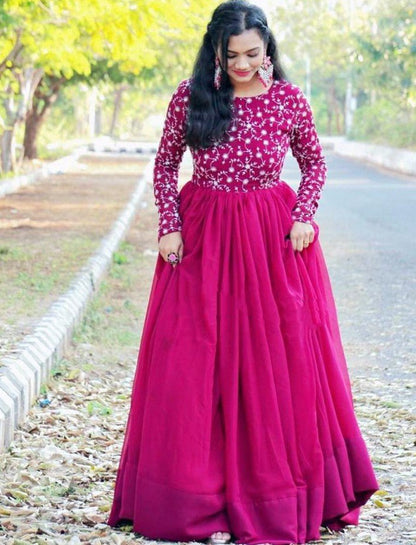 Pink heavy georgette with embroidered work gown