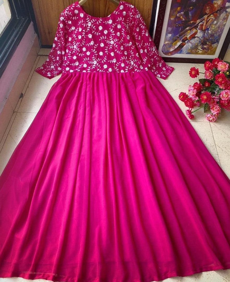 Pink heavy georgette with embroidered work gown