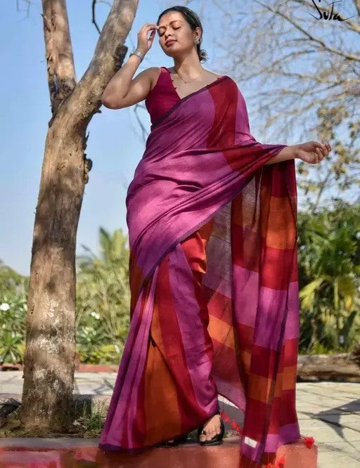 Pink khadi cotton color block print saree