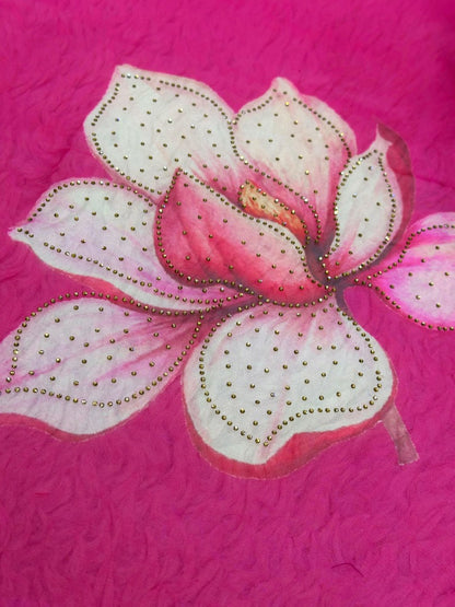 Pink organza floral print hot fix work saree