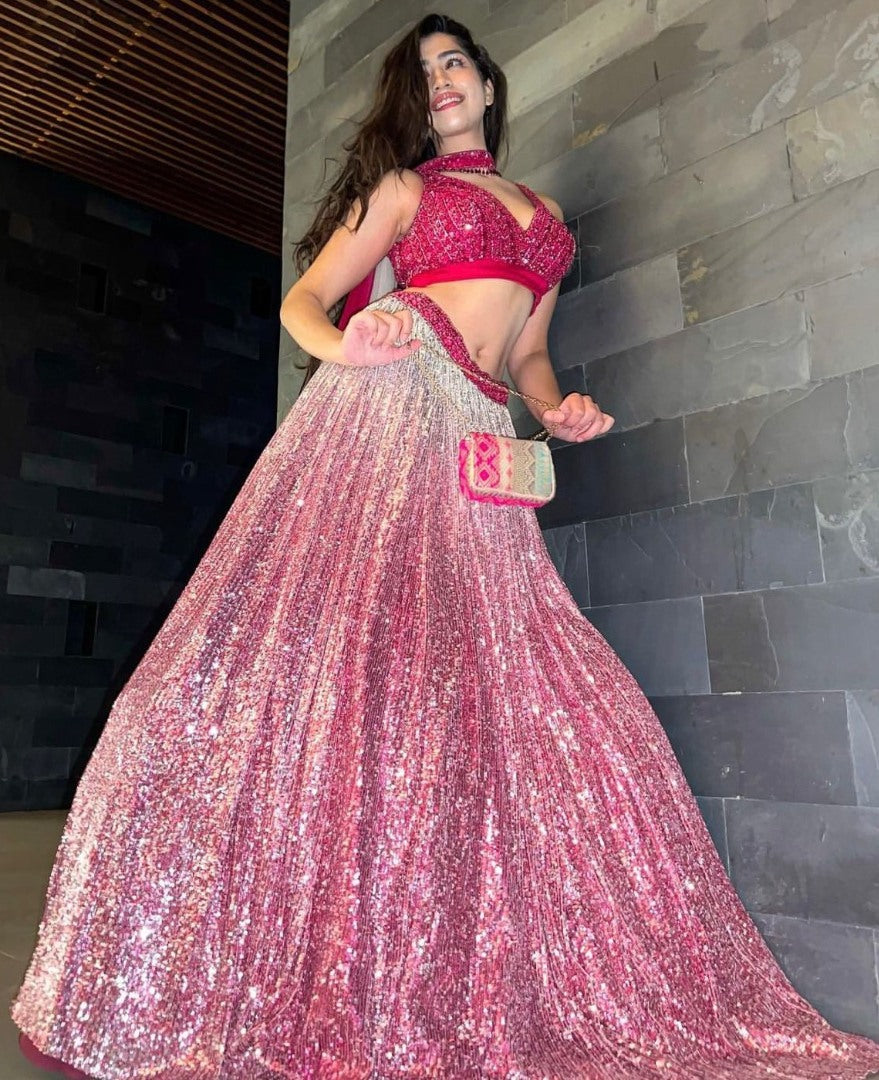 Pink padding satin silk heavy sequence work lehenga for evening function