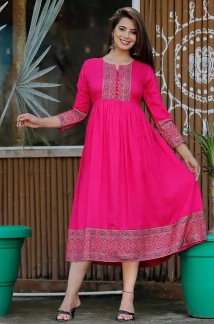 Pink rayon printed anarkali kurti